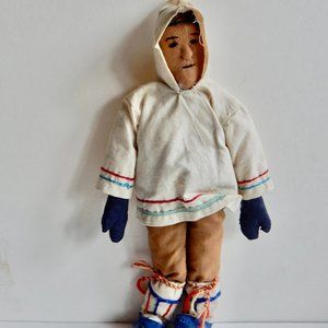 Vintage Inuit Doll, 11", handmade, cloth with traditional clothing